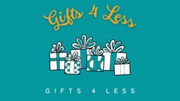 Logo "Gifts 4 Less" met cadeaus op een turquoise achtergrond.