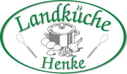Landküche Henke Logo: Topf, Kartoffeln, Zwiebel, zwei Löffel im ovalen Rahmen mit grünem Text.