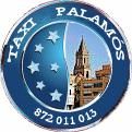 Logotipo de Taxi Palamós con fondo azul, estrellas y una iglesia. Número: 872 011 013.