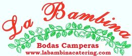 Logo de La Bambina: texto rojo con hojas verdes. Incluye "Bodas Camperas" y su web.