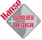 Graues Rautensymbol mit roten Buchstaben: "Hanse Schilder Design", weiße Punkte daneben.