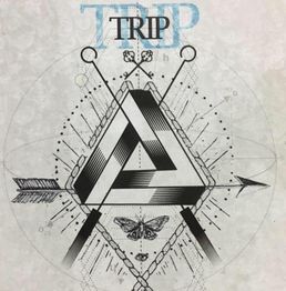 Triángulo imposible, flechas, mariposa y decoración geométrica con la palabra "TRIP".
