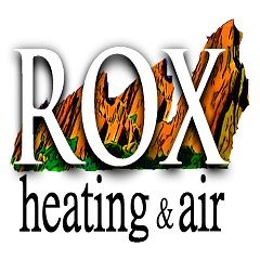 Logo reading "ROX heating & air" with rocky mountain graphics in the background.