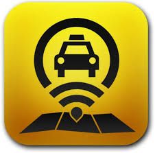 Icona gialla con taxi su mappa e simbolo di localizzazione, rappresenta un'app di trasporto.