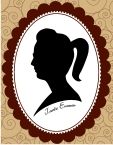 Schwarze Silhouette einer Frau mit Pferdeschwanz in einem ovalen, verzierten Rahmen.