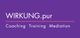 Lila Hintergrund mit weißem Text: "WIRKUNG.pur Coaching Training Mediation".