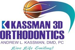 Logo of Kassman 3D Orthodontics with a basketball and the slogan "Live Life Smiling!"