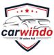 Logo von Carwindo mit Auto-Silhouette, roten Sternen und dem Slogan "UV-sichere Welt".