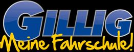 Logo mit blauem "GILLIG" und gelbem "Meine Fahrschule!" auf schwarzem Hintergrund.