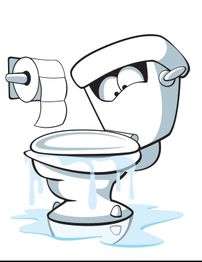 Cartoon toilet overflowing with water, looking frustrated; toilet paper roll on wall.