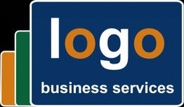 Blaues Logo mit "logo business services" Text, grauen Rand und drei farbigen Rechtecken links.