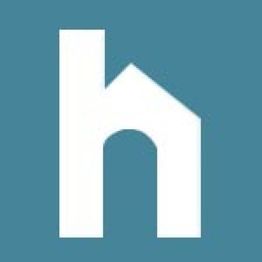Lowercase white "h" resembling a house on a blue background.