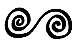 Zwei schwarze Spiralen, die in entgegengesetzte Richtungen zeigen, verbunden durch eine Welle.