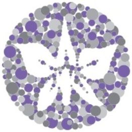 A circle of purple, gray, and white dots forms a floral pattern against a white background.