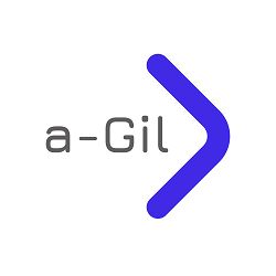 Logo mit blauem Pfeil nach rechts und dem Text "a-Gil" in Grau.