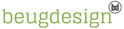 Schriftzug "beugdesign" in grüner Schrift mit kleinem grauen Symbol daneben.