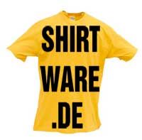 Gelbes T-Shirt mit schwarzem Text "SHIRT WARE .DE".
