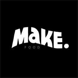 Schwarzer Hintergrund, weißer Text: "MAKE. FOOD" in geschwungener Schrift.