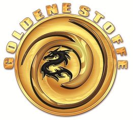 Goldenes Drachen-Logo mit Schriftzug "Goldene Stoffe" in einem kreisförmigen Design.