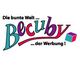 Textlogo "Die bunte Welt ... Becuby ... der Werbung!" mit farbigem Würfel.