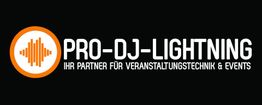 Logo mit Text "PRO-DJ-LIGHTNING, Ihr Partner für Veranstaltungstechnik & Events" auf schwarzem Hintergrund.