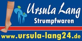 Ursula Lang Strumpfwaren Banner mit Bein und Webseite in Blau und Rot.