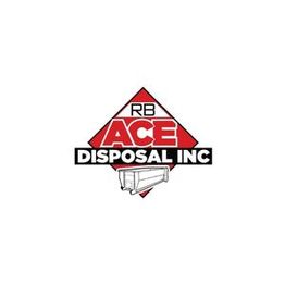 Logo of RB Ace Disposal Inc. featuring a red diamond and illustration of a dumpster.