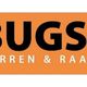Logo van "Bugs Out" met een bij-icoon, tekst: "Horren & Raamdecoratie" in zwart en oranje.