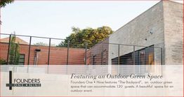 Outdoor green event space at Founders One Nine, accommodating up to 120 guests.