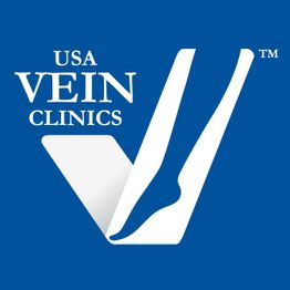 Logo of USA Vein Clinics with a stylized V on a blue background.