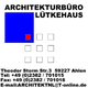 Visitenkarte: Architekturbüro Lütkehaus, blaues Quadrat mit roter Box, Kontaktinfo unten.