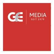 Rotes Logo mit weißer Aufschrift "GE Media Seit 1979".