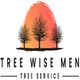 Sunset behind three trees with text "TREE WISE MEN TREE SERVICE" below.