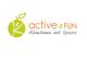 Logo mit grünem Apfel, Text "active4FUN", und "Abnehmen mit Spaß" in orange und schwarz.
