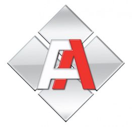 Ein Logo mit vier grauen Rauten und einem weißen und roten verflochtenen "A" in der Mitte.
