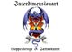 Blauer Drache auf farbigem Wappen, Text: "Interdimensionart, Wappendesign & Tattookunst".