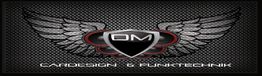 Flügel-Logo mit "DM" in der Mitte, darunter Text: "CARDESIGN & FUNKTECHNIK" auf schwarzem Hintergrund.