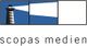 Logo mit Leuchtturm und Schriftzug "scopas medien" auf blauem Hintergrund.