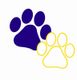 Zwei stilisierte Pfotenabdrücke: einer in Blau, einer in Gelb.