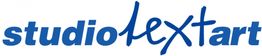 Blaues Logo mit dem Text "studio lextart" in stylisierter Schrift auf weißem Hintergrund.