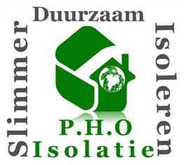 Groen logo met huis en globe, tekst: "Slimmer Duurzaam Isoleren P.H.O Isolatie".