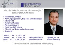 Visitenkarte von Rechtsanwalt Reiner Saffer mit Kontaktdaten und Rechtsgebieten.
