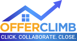 Logo of OfferClimb with a house and upward arrow. Text: Click. Collaborate. Close.