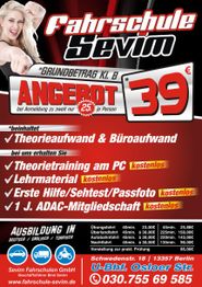 Plakat von Fahrschule Sevim mit Angebot für 39 Euro, inkl. kostenloses Theorie- und Fahrtraining.