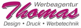 Werbeagentur-Logo: "Thomas" in Pink, Text: Design, Druck, Werbetechnik in Grau.