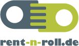 Logo von rent-n-roll.de: zwei verbundene ovale Formen in Grau und Grün mit Text darunter.