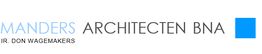 "Logo van Manders Architecten BNA met naam Ir. Don Wagemakers en een blauwe vierkant."