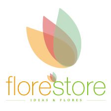 Logo de Florestore con tres hojas de colores superpuestas y el lema "Ideas & Flores".