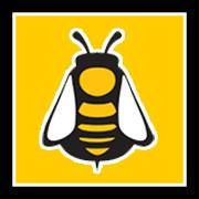 Logo di un'ape stilizzata nera e gialla su sfondo giallo.