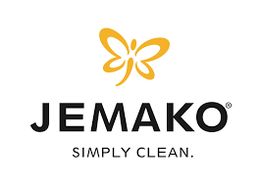 Logo von Jemako mit einem stilisierten gelben Schmetterling und dem Slogan "Simply Clean."